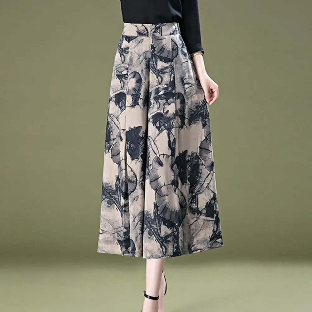 Women's Culottes Retro Printed Wide Leg Loose Elastic High Waist A-line Fake Skirt Nine-point Pants Mom Pants