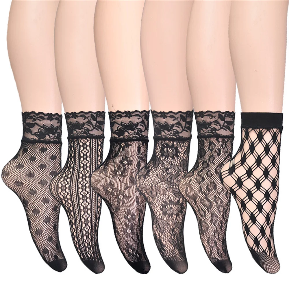 Summer Fashion Thin Black Lace Ankle Socks for Women Girls Lolita Sexy Mesh Fishnet Socks Plaid Floral Ultrathin Sox Dropship