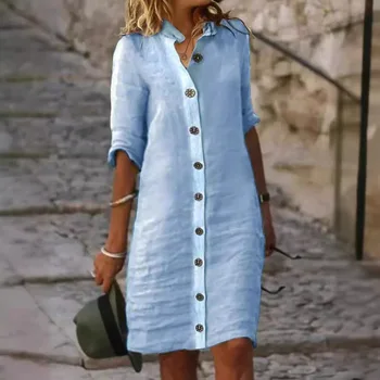 Women Mini Shirt Dress Summer Fashion  Платье  Cotton Linen White Dress Ladies Casual Holiday Vestidos Slip Dress Летнее Платье 1
