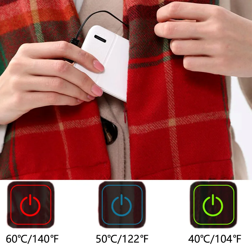 USB Charging Electric Heating Scarf Imitation Cashmere Winter Plaid Warm Electric Scarf 3 Gears Temperature Control Washable 1PC
