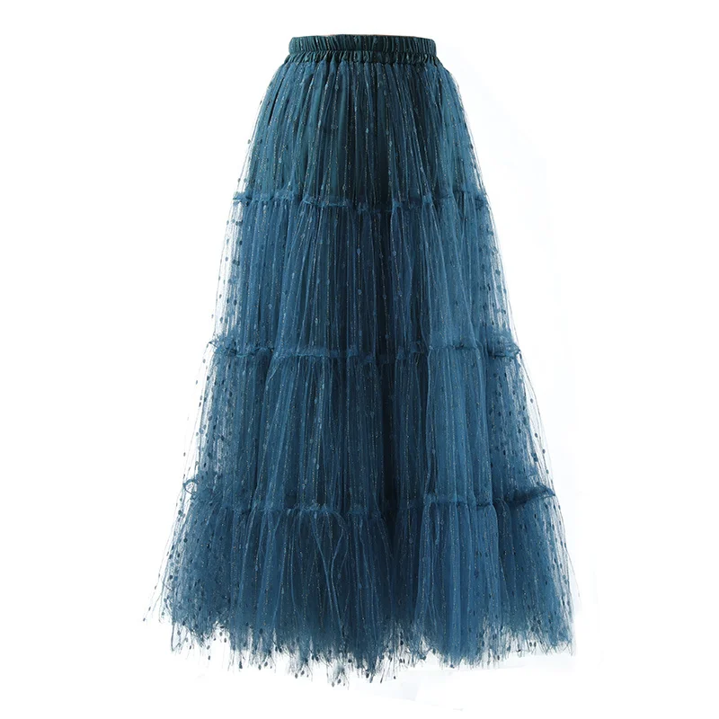 

Large Hem Splicing Mesh Skirts Women Long Length High Elastic Waist Pleated Skirt Female Wedding Clothing Spring M219