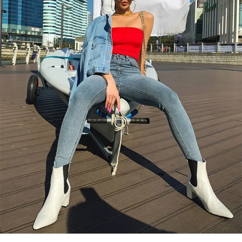 Women Autumn and Winter Vintage Casual Blue Jeans High Waist Stretch Skinny Denim Pants Retro Washed Pencil Slim Long Trousers