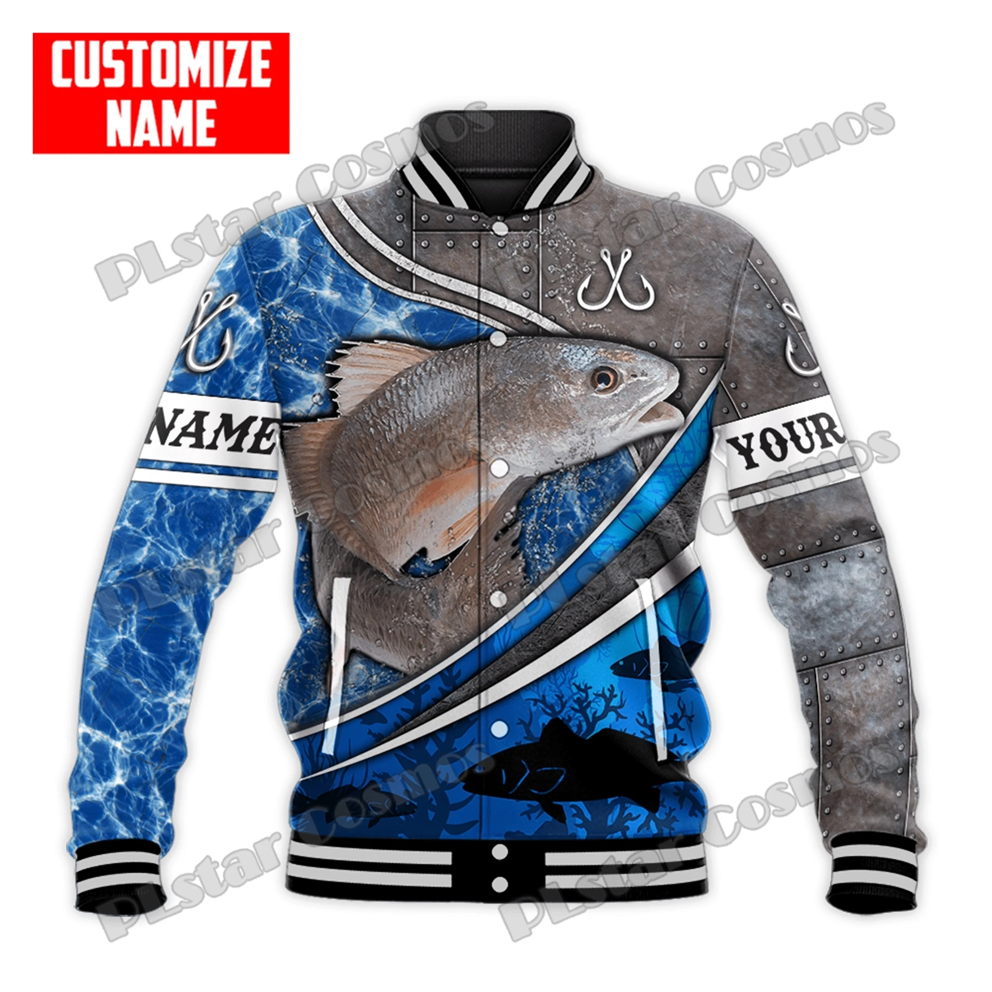 Custom Name Trout & Tuna Fishing 3D Printed Fashion Men's Bomber Full-Snap Jacket Unisex Casual Winter Warm Baseball Jacket FX21