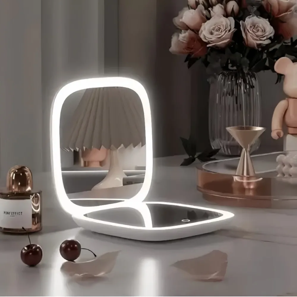 Double Sided LED Makeup Mirror Adjustable Color 3x Magnification USB Charging Portable Folding Women's Outdoor Use