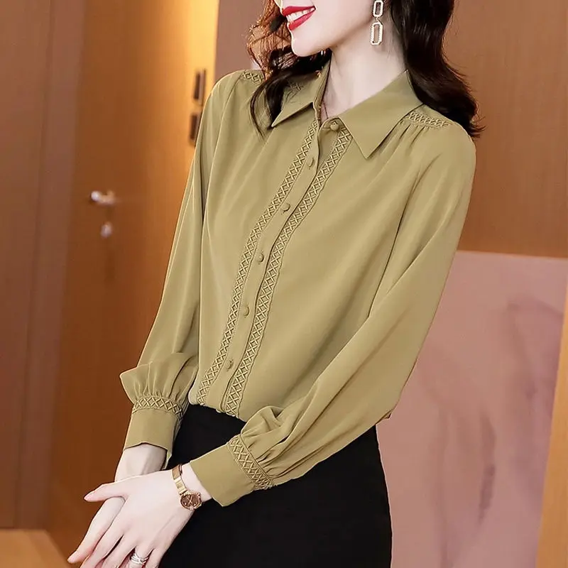 Long Sleeved Chiffon Shirt Yellow Colour Thin Three-dimensional Overlapping Striped Turn-down Collar Women Lantern Sleeve Slim