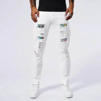 White 97% Cotton Jeans Men Clothing New Ripped Slim Patchwork Fashion Hole Skinny Elasticity Denim Trousers Male Streetwear 1