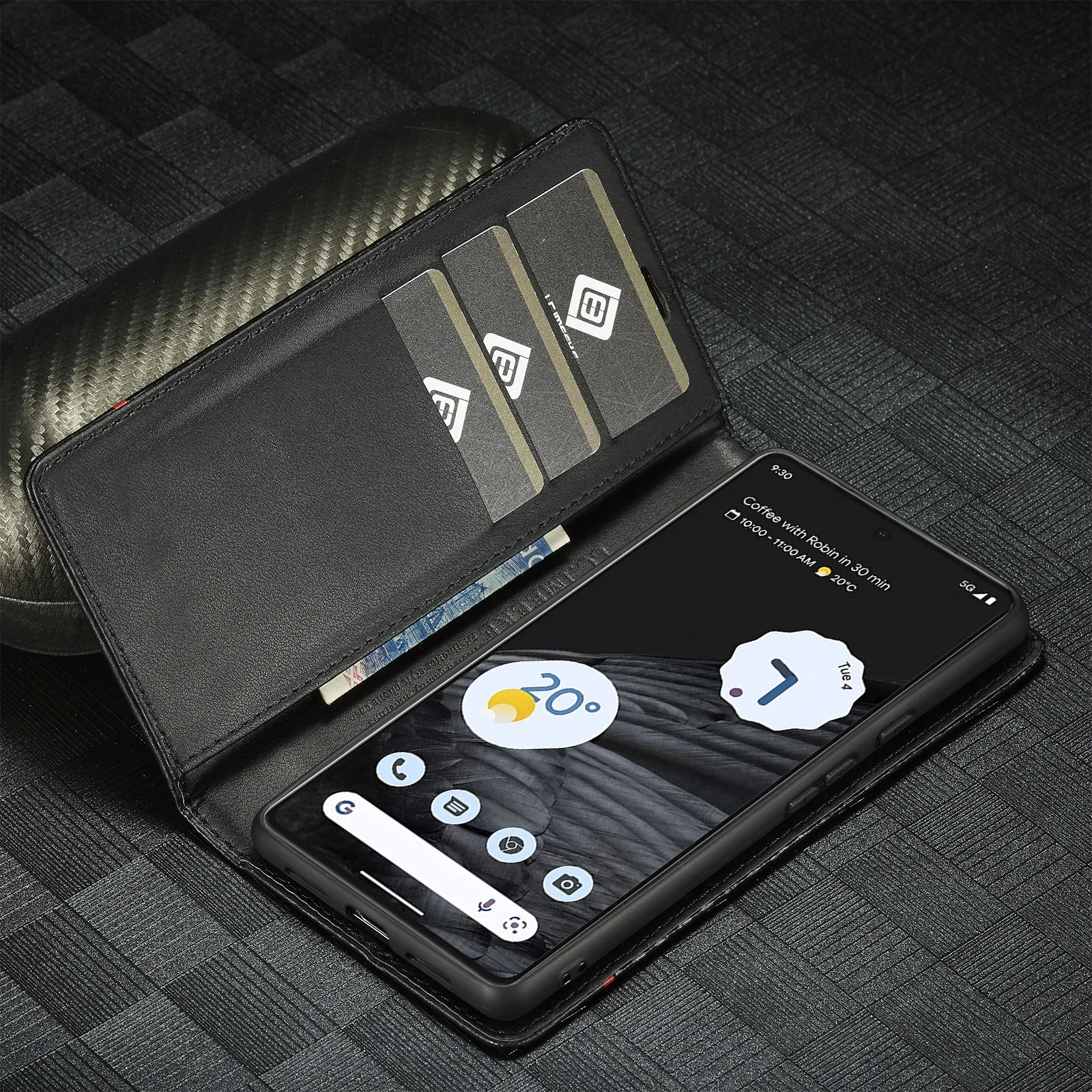 Premium Business Flip Leather Wallet Phone Case with Carbon Fiber Card Slot Cover