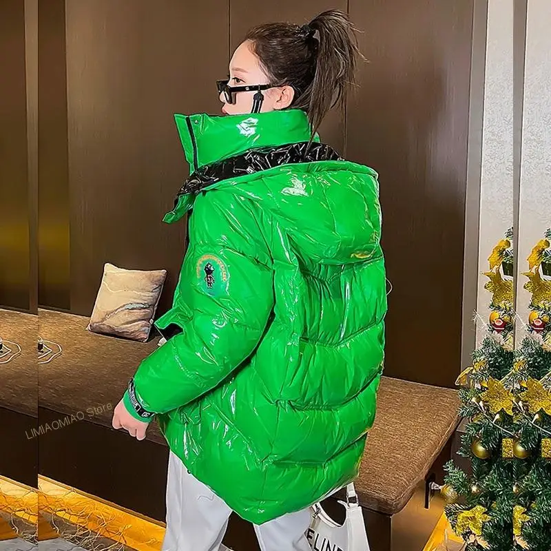 New Stand Collar Hooded Big Pocket Glossy Down Cotton Jacket Winter Loose White Black Yellow Green Warm Long Sleeve Parkas Coat