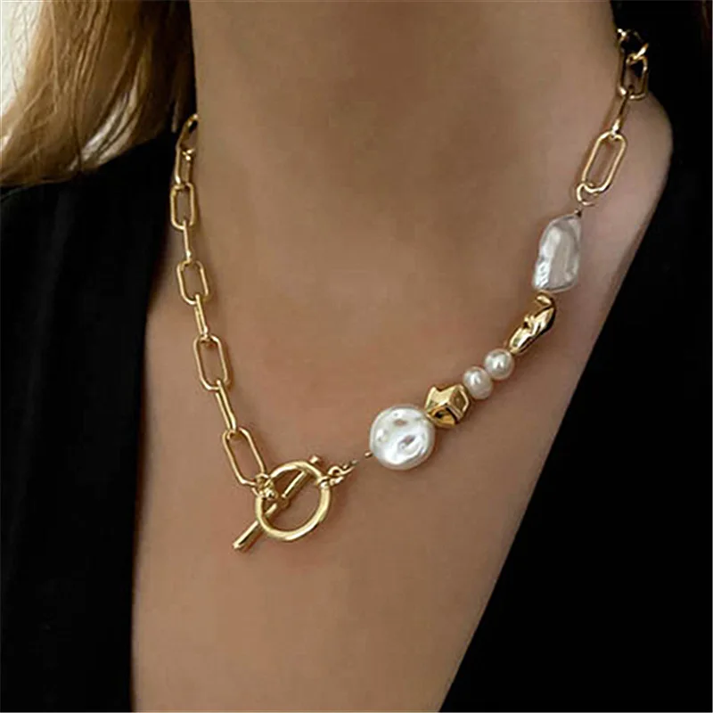 Korean Irregular Baroque Imitation Pearl Necklace for Women Geometric Metal Beads OT Buckle Clavicle Chain Jewelry Party Gifts