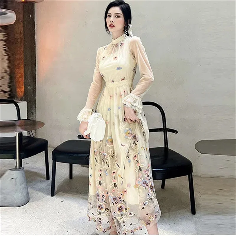 

Женское платье с цветочной вышивкой, длинное Сетчатое платье с юбкой макси, весна-осень 2024