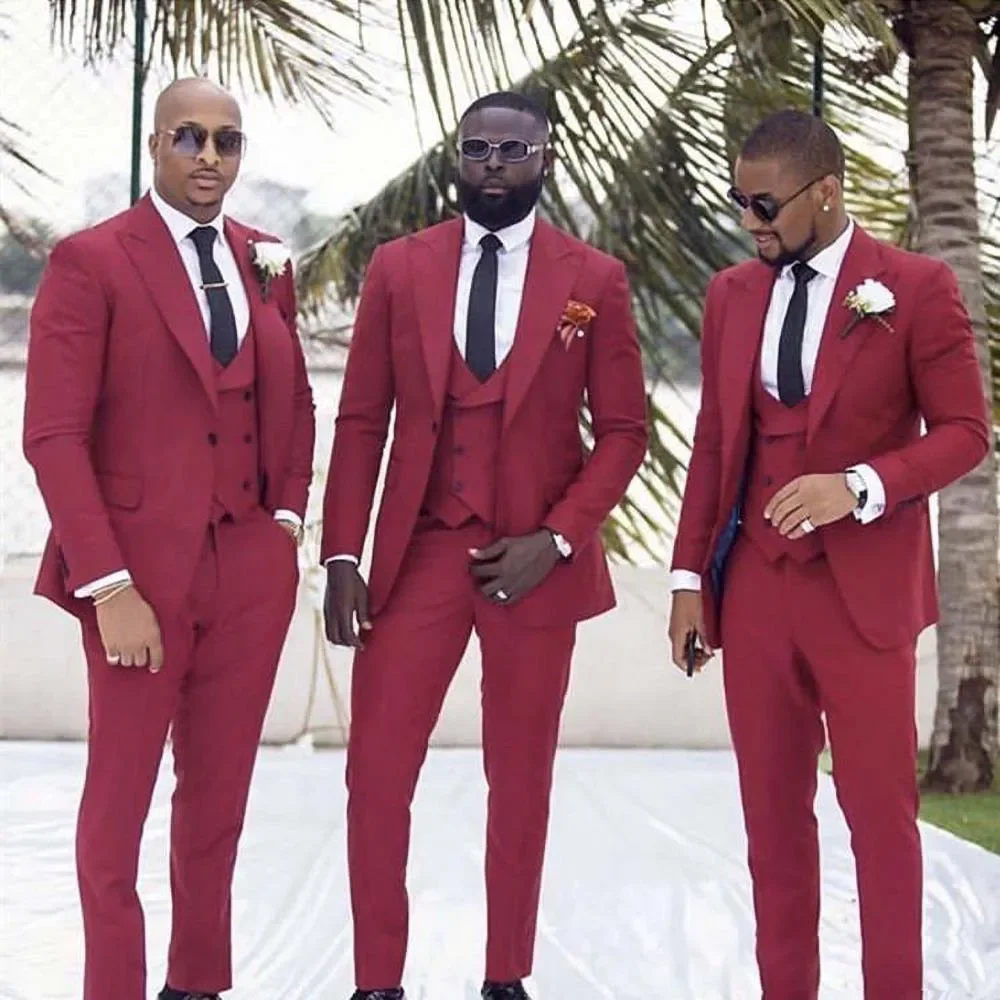 

Burgundy Men Suits Fashion Peak Lapel Single Breasted Male Blazer Wedding Groom Best Man Suit Slim Fit (Jacket+Vest+Pants)