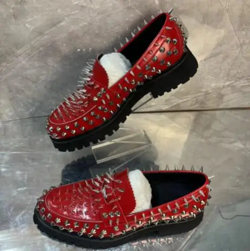 

Red Genuine Leather Long Spike Rivet Punk Round Toe Low Top Flat Loafers Man Spring Slip On Banquet Prom Shoes Drop Shipping