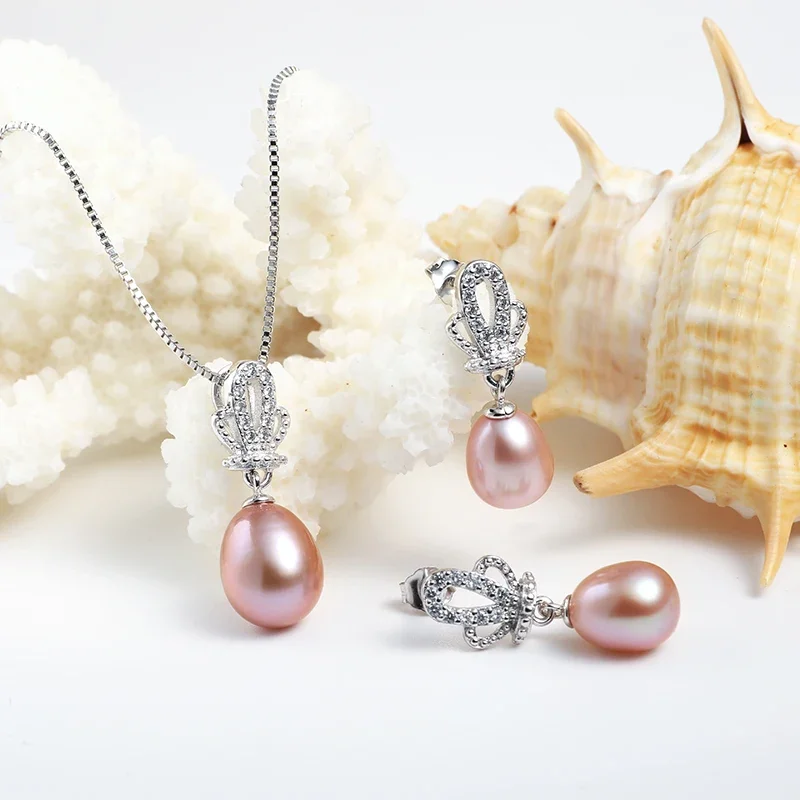 Dainashi 8-9mm Crown Natural Pearl Pendant Earrings 925 Sterling Silver Jewellery Sets