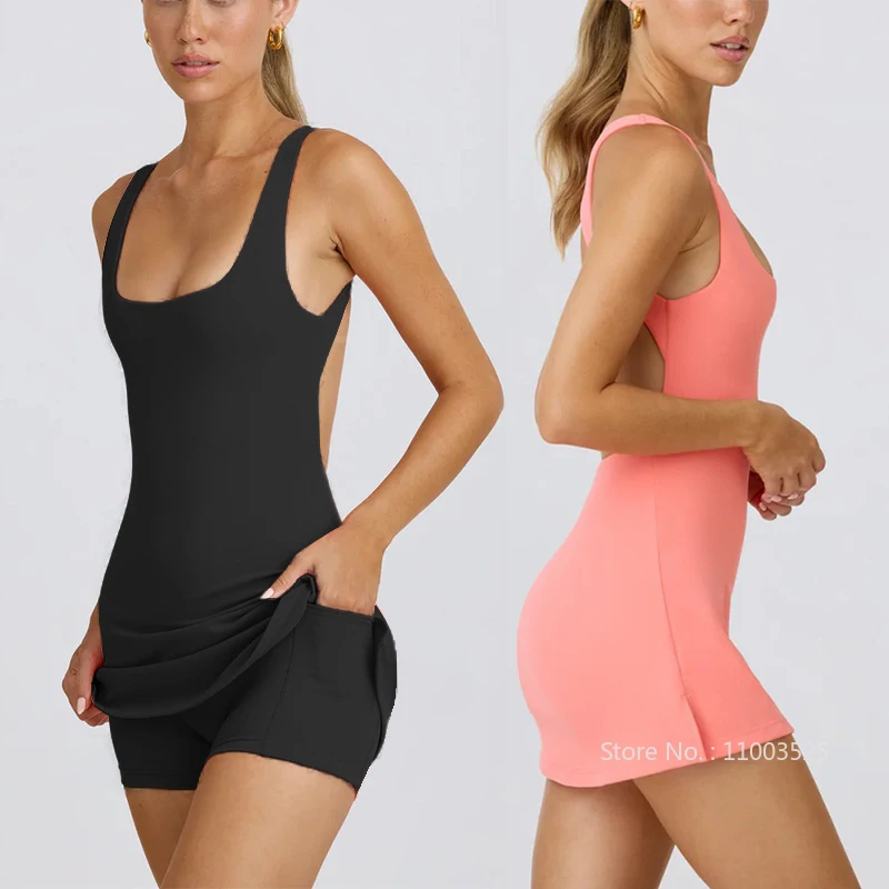 Summer Fitness Sports Tennis Dress Women Sexy Backless Yoga Dress Female Casual with Inner Shorts Sports Slip Skirts