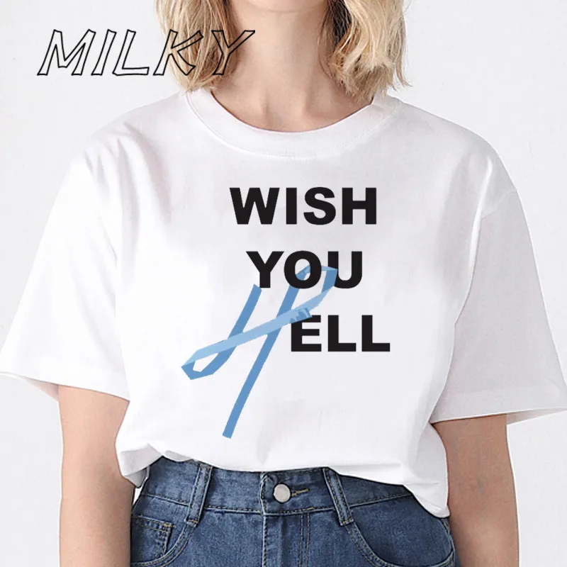 

Kpop T-shirt Letters Wish You Hell Women Short Sleeve Wendy Album Tshirt Harajuku Fans T Shrit Korean Style Tops Drop Ship