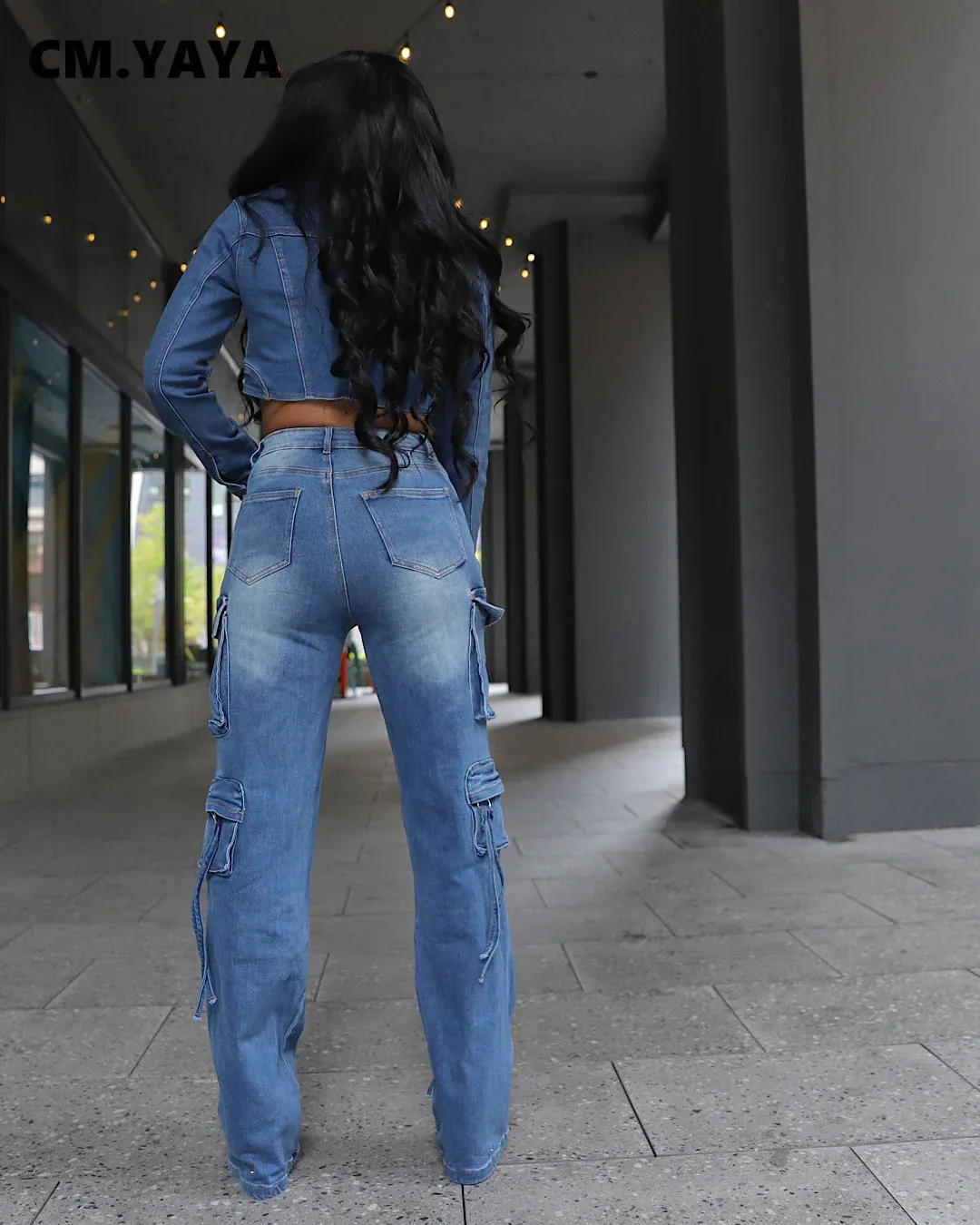 CM.YAYA Washed Denim Women's Set Full Sleeve Button Fly Jacket and Pockets Cargo Jeans Pants Suit 2024 Two 2 Piece Set Outfit 4