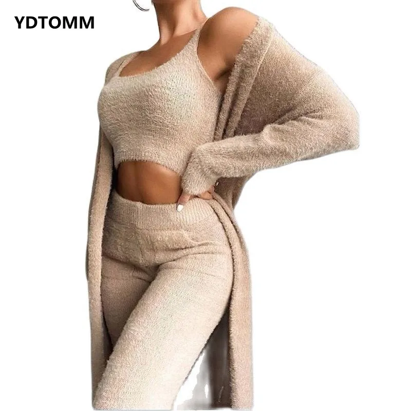 Spring Autumn Fur 3 Piece Outfits Sexy Backless Crop Tops Women Lingerie Home Service Lounge Wear Sets Tracksuit Fleece Pajamas