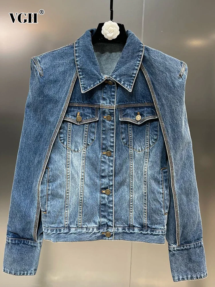 

VGH Denim Patchwork Single Breasteds Coat For Women Lapel Cloak Sleeve Gradient Loose Casual Coats Female Fashion Autumn Style
