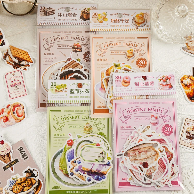30 teile/beutel Papier Aufkleber Dessert Familie Brot Pudding Kuchen Eis Thema Sammelalbum Journal dekorative Collagen