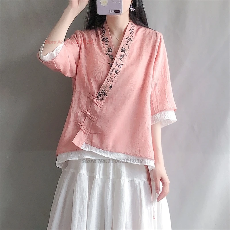 

2024 national flower embroidery ethnic blouse chinese vintage cotton linen blouse traditional double layers v-neck folk blouse