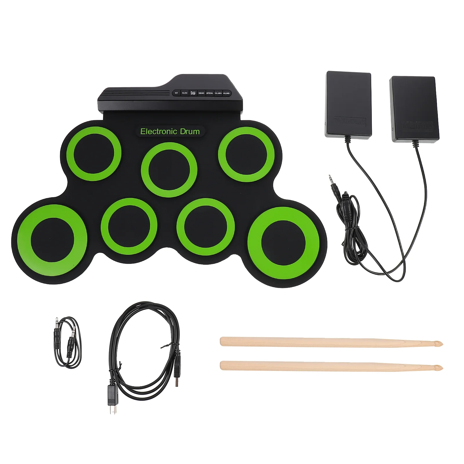 

Portable Electronic Drum Set, Roll Drum Practice Pad Drum with Jack Pedals Sticks 10H Playtime for Kids Beginner