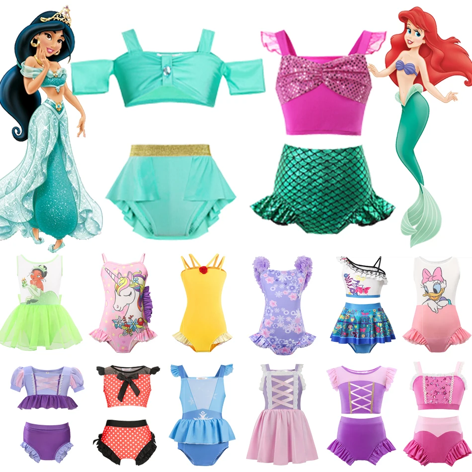 Disney Jasmine Ariel Elsa Neonate Costume Da Bagno Estate Rapunzel Aurora Belle Princess Cosplay Beachwear Kid Bikini Costume Da Bagno
