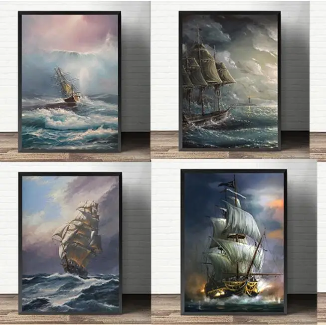 Barca A Vela Vintage Pirate Ship Modern Murale Boat Ship Waves Print Art Canvas Poster Per Soggiorno Decor Home Wall Picture