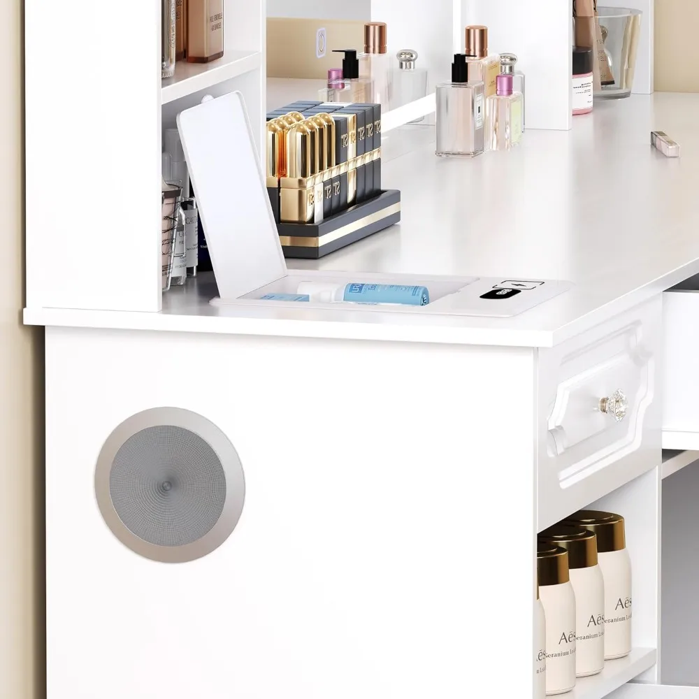 Dressing Table, Vanity Desk with Mirror and Lights, Makeup Vanity Desk with Facial Mask Box, with Bluetooth Speaker 4