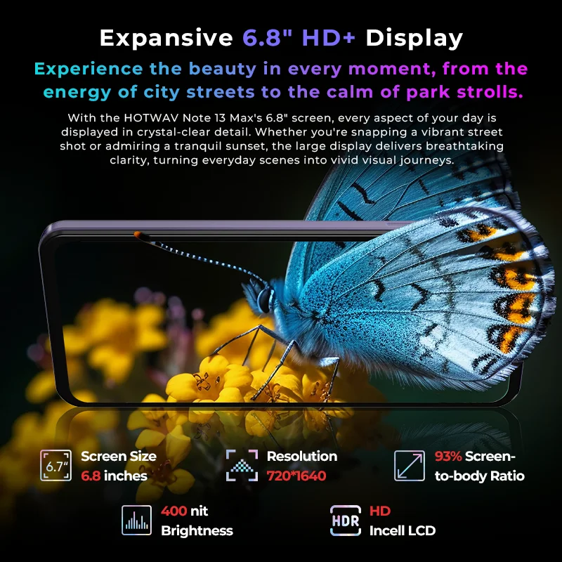 HOTWAV Note 13 Max Mobile Phone 6.8'' HD+ Display Android 14 16(6+10)GB 256GB Cellphone 48MP 5160mAh 9.2mm Ultra-Thin Smartphone 5