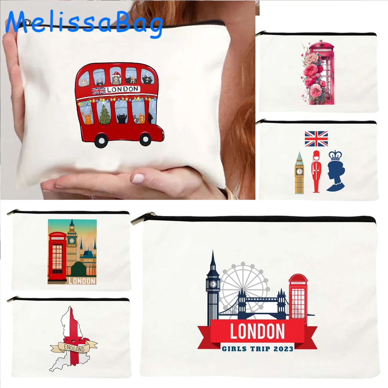 London England Bus Big Ben British Cute Gifts Regno Unito Love Heart Flag Canvas Cosmetic Makeup Bag Astuccio Con Cerniera