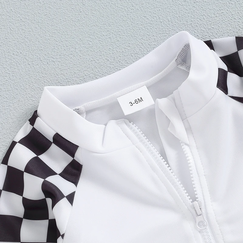 긴 소매 라운드 넥 지퍼 래쉬 가드 수영복, 바둑판 세트, 6M-4T 소년 수영복