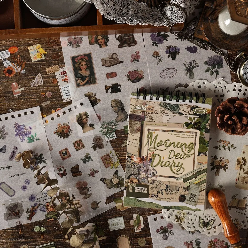 50 fogli pretagliati vintage Washi journaling adesivo libro adesivi PET fornure per scrapbooking fornure per diario spazzatura artigianato arti  21