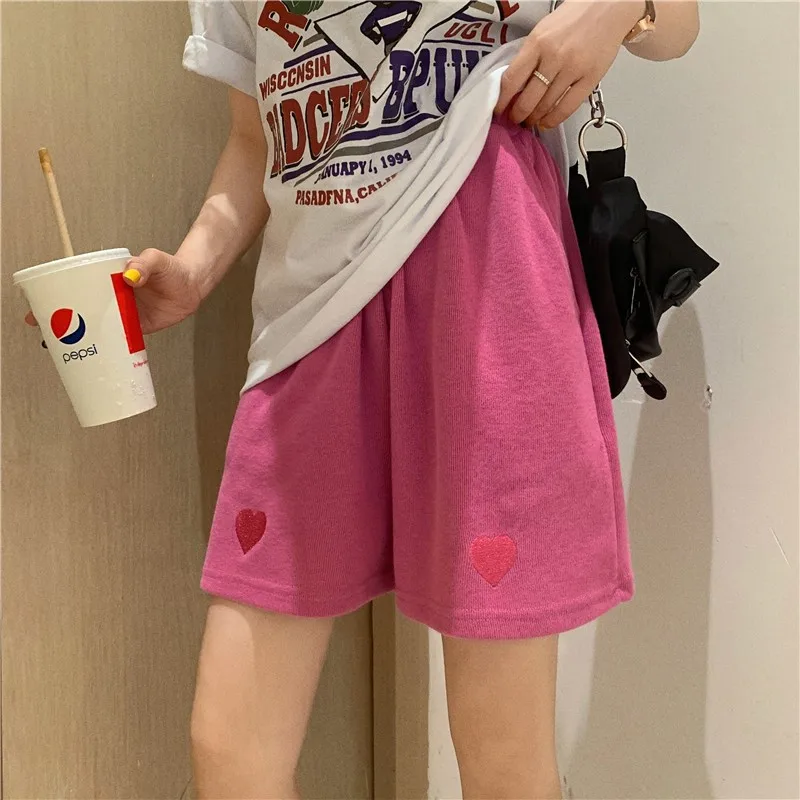 Summer New Love Embroidery Shorts Elastic Waist Loose Solid Color All-match Straight Pants Casual Fashion Women Clothing