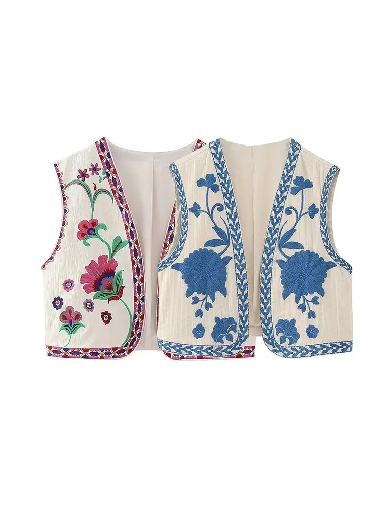 

ZaZevity TRAF Women Fashion Floral Embroidery Waistcoat Vintage Sleeveless Front Open Female Outerwear Chic Vest Tops