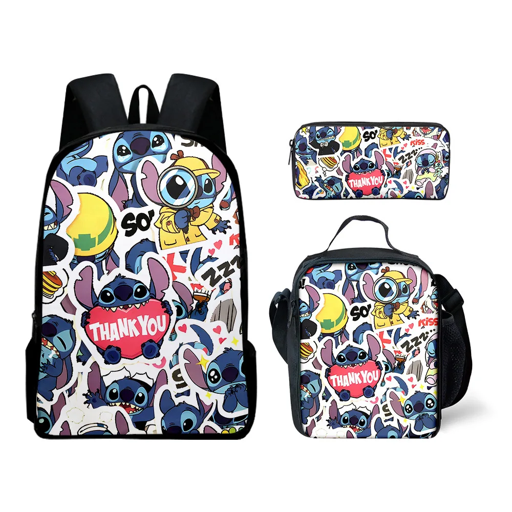 

3PC-SET MINISO Disney3D New Stitch Backpack Lunch Pencil Bag Student School Bag Children’s Best Gift Sports Backpack Lightening