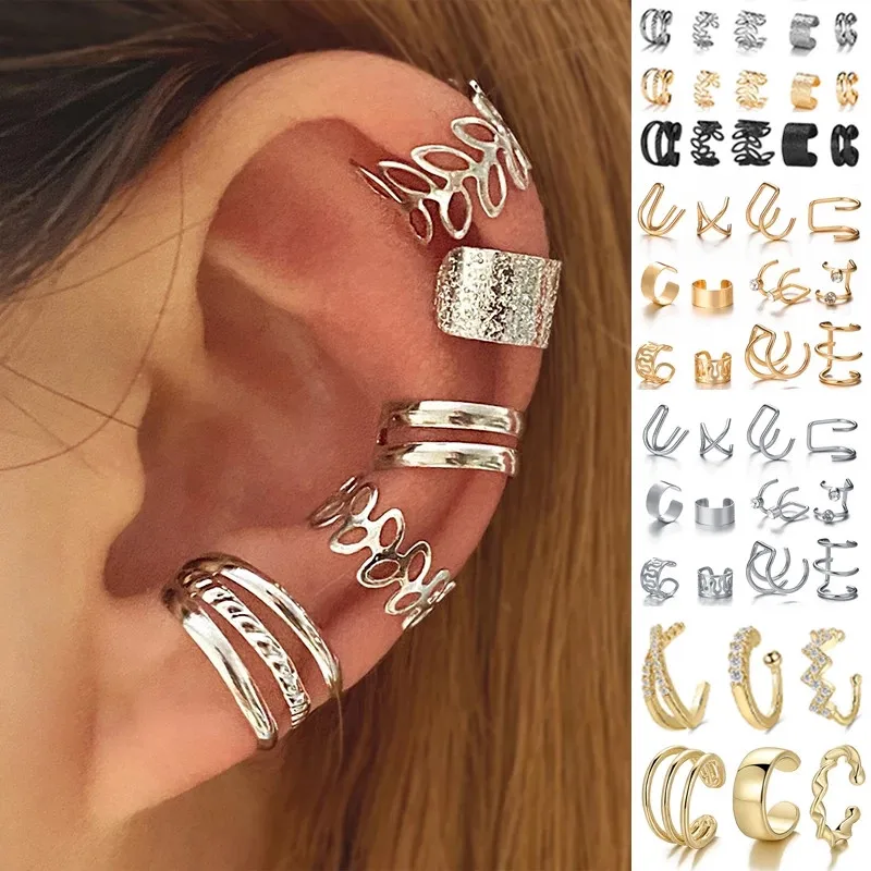 ear clip earrings clip earrings ear clip ear accessories silver color leaves clip earrings for women men creative simple C ear cuff non-piercing ear clip set trend jewelry gift