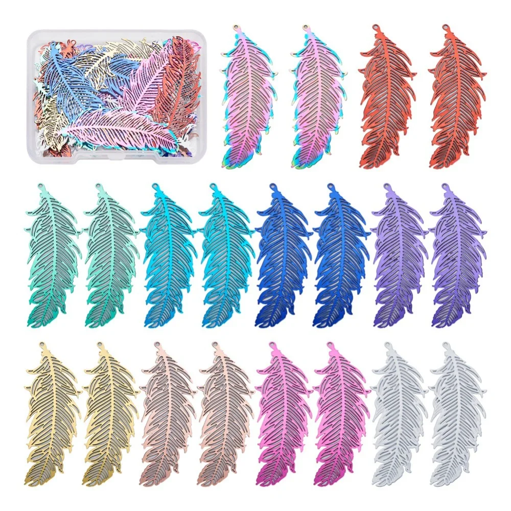 

1Box 201 Stainless Steel Filigree Feather Charm Pendants Etched Metal Embellishments For DIY Earring Necklace Jewelry Making