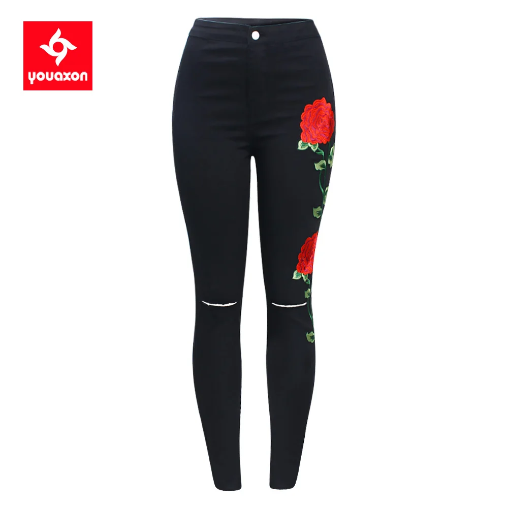 2102 Youaxon Black Embroidery Ripped Knees Jeans New Women`s High Waist Stretchy Denim Pants Skinny Pencil Woman Jeans