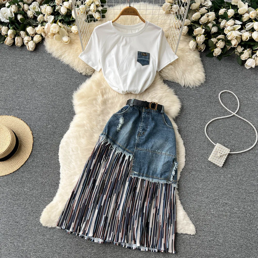 

Fashion Chic Design Sense Splicing Denim Half Skirt White Top Two-piece Suit Woman