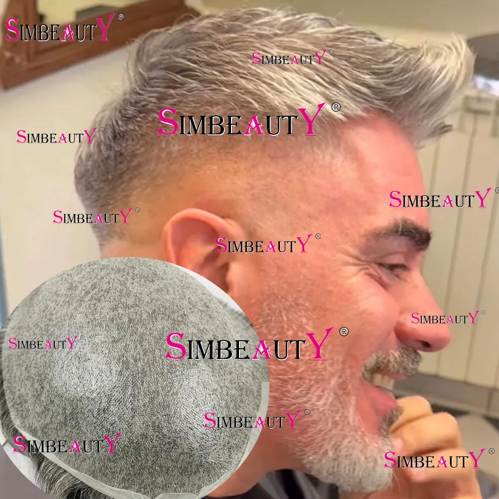 Super Thin Skin 0.02mm Silicon Grey Black Men Toupee 100% Human Hair Natural Hairline Man Wig Transparent Pu Replacement System