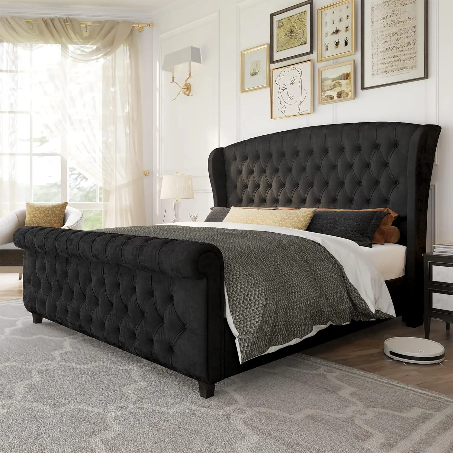 

Queen/King Size Platform Bed Frame,Velvet Upholstered Sleigh Bed with Scroll Wingback Headboard & Footboard/Button Tufted/No Box