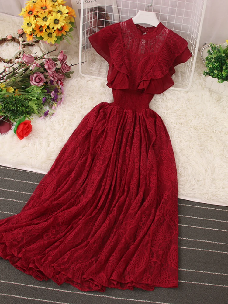 

Женское элегантное кружевное длинное платье, летнее винтажное платье без рукавов с оборками и высокой талией, модное женское повседневное однотонное длинное платье