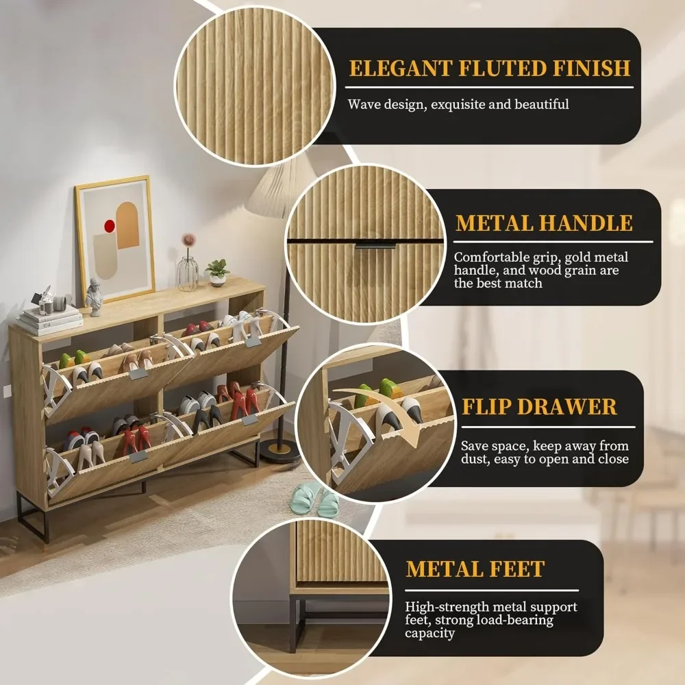 Fluted Shoe Storage Cabinet for Entryway Modern Shoe Rack Cabinet with 4 Flip Drawers Tipping Shoe Cabinet Wooden 6