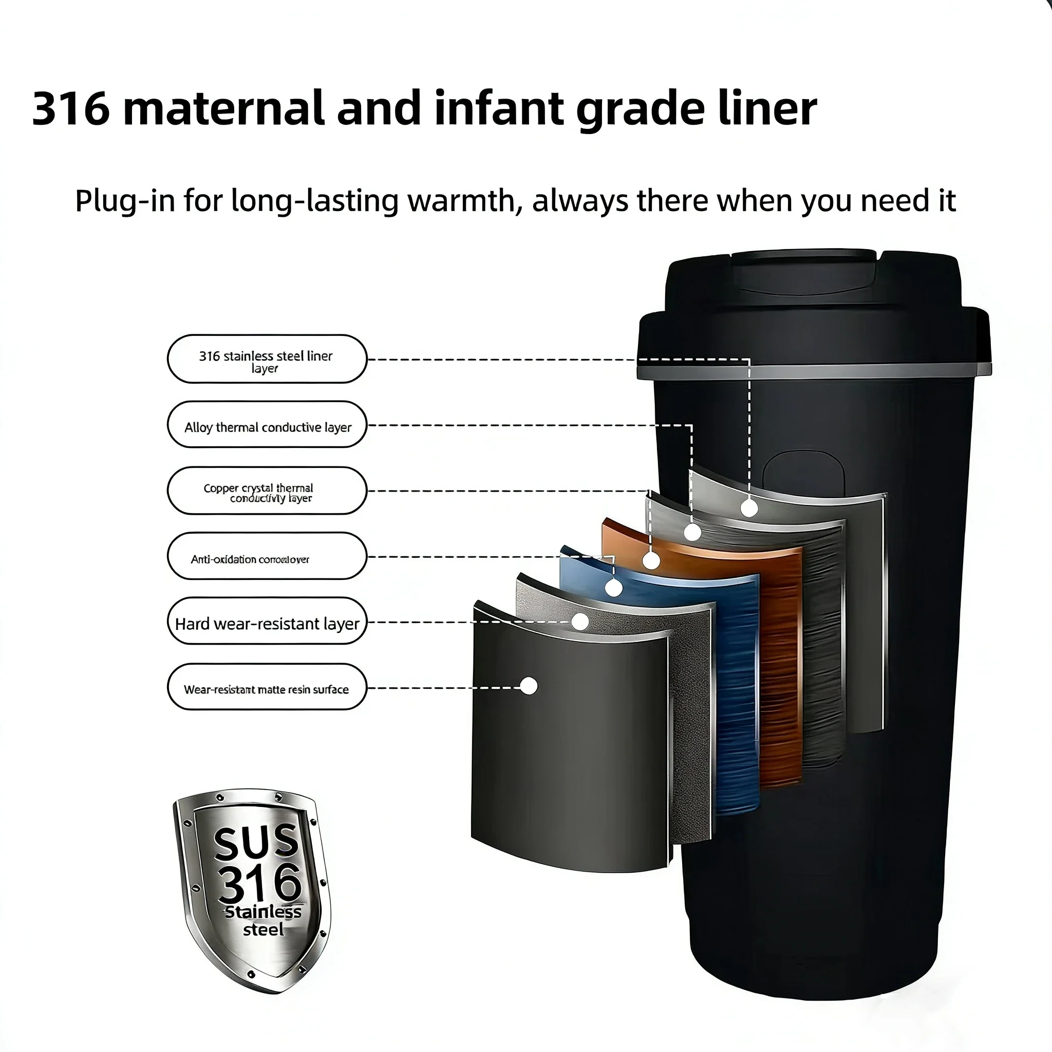 Heated Cup 316 Stainless Steel 500ML Universal 12V/24V
