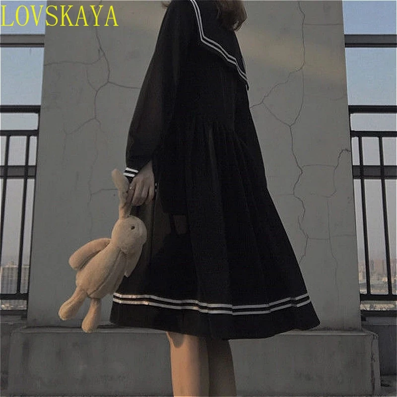Bow splicing loose A-line fashionable knee length cute empire preparatory style Japanese full set black school uniform