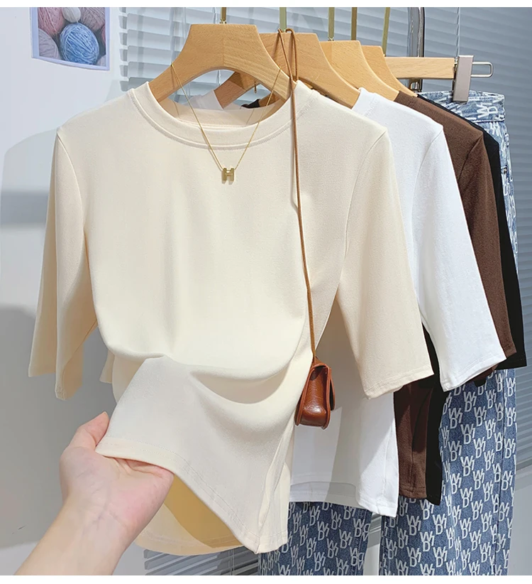 Cotton Womens Crew Neck T-Shirt - Summer Short Sleeve Basic Top