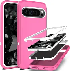 Premium Military Grade 3 - in - 1 Layered Hard Phone Cover - Shockproof Heavy Duty Rubber Protective Case - Google Pixel 8 (Pink and white)