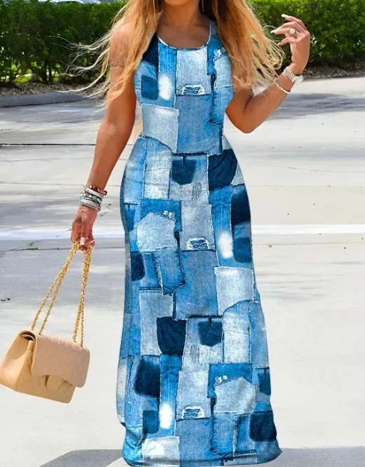 

Summer Long Dress Women's Fashion Gradient Slim Fitting Geometric Graphic Printed Round Neck Sleeveless Slim Fitting Art Dress