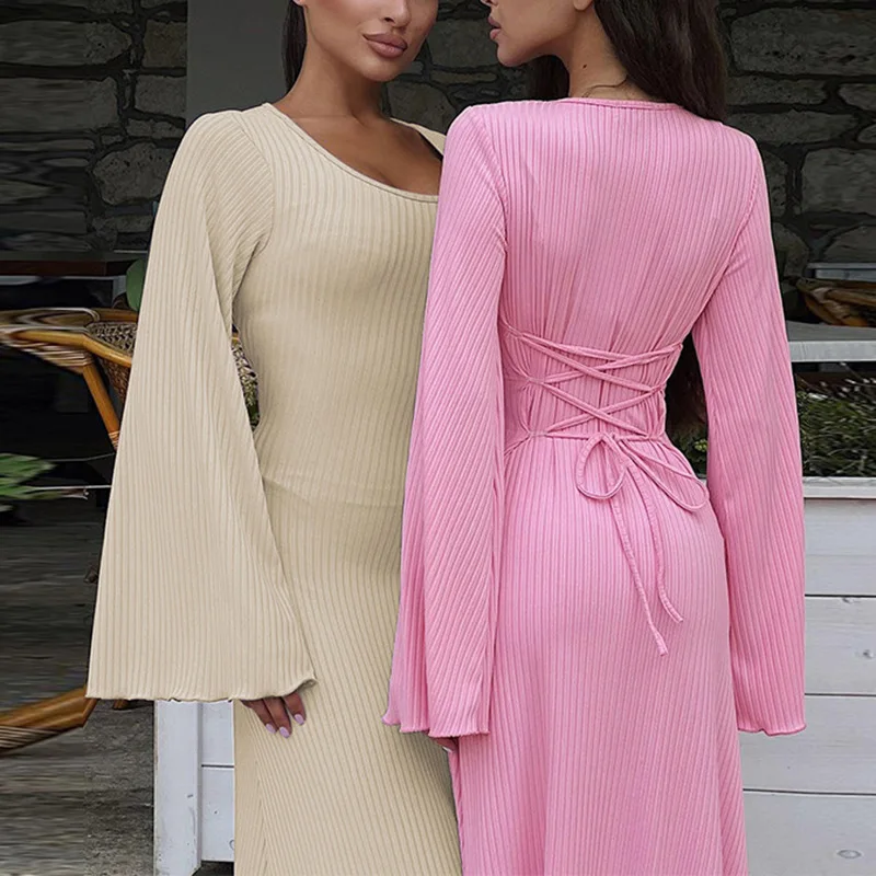 

Wepbel Autumn Loose Dress Women Back Tie-Neck Flare Long Sleeve High Waist Thread Dress Solid Color Casual Bandage Dress Robe