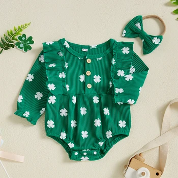 St Patrick s Day Green Shamrock Print Romper with Matching Bow Headband for Baby Girls Irish Toddler Outfit Set 2